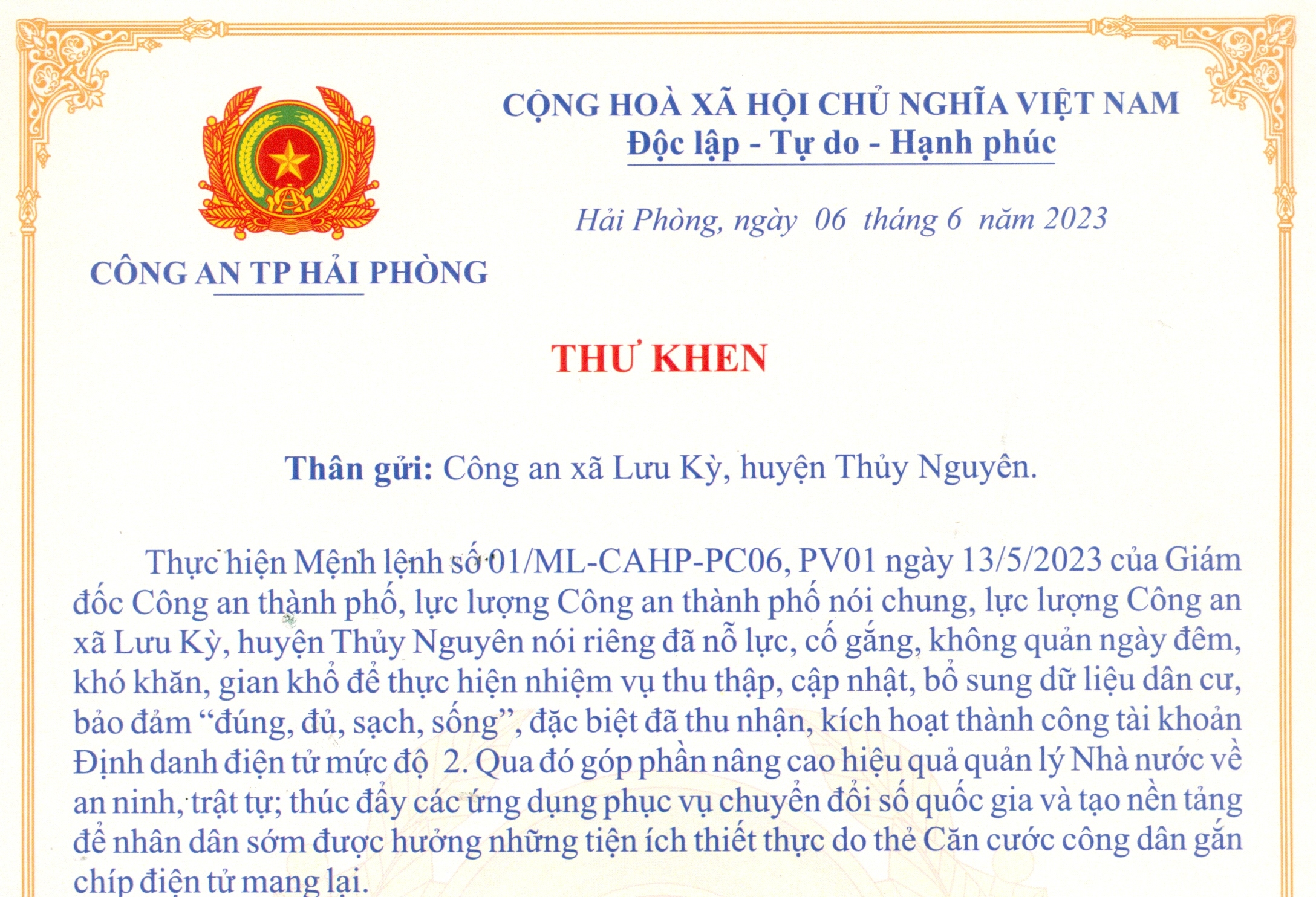 Giám đốc Công an thành phố gửi thư khen Công an xã Lưu Kỳ, huyện Thủy Nguyên.